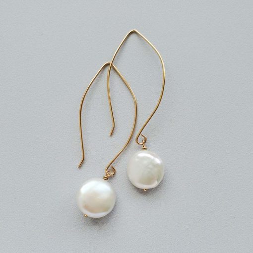 Coin pearl dangle earrings in 14kt gold fill handmade by Carrie Whelan Designs