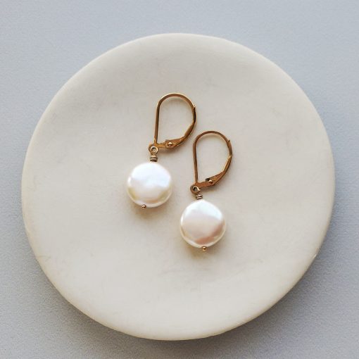 coin pearl earrings in gold handmade by carrie whelan designs