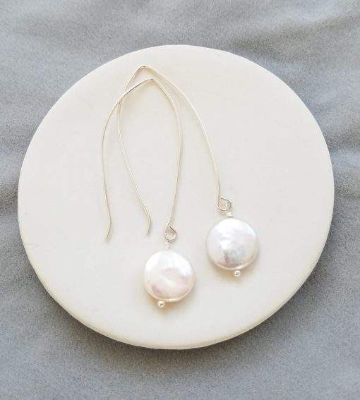 Handmade coin pearl dangle earrings by Carrie Whelan Designs