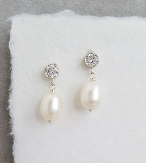 Large pearl CZ earrings for bride handcrafted by Carrie Whelan Designs