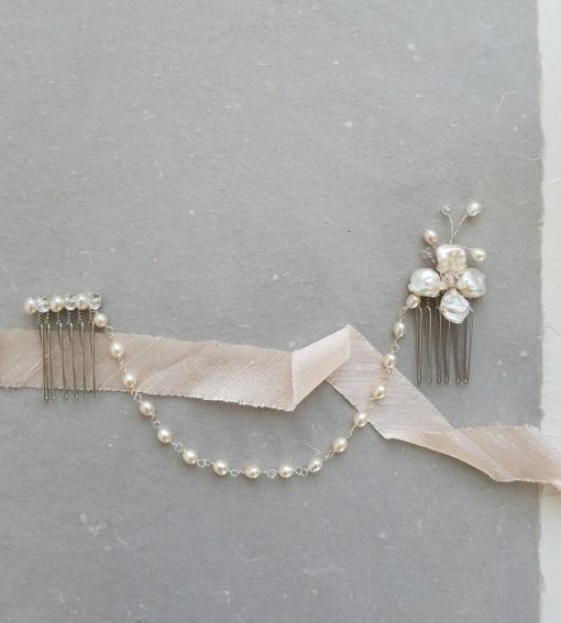 pearl flower hair chain handmade for brides by Carrie Whelan Designs