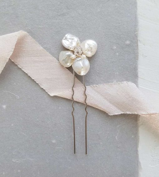 Handmade pearl flower bridal hair pin from Carrie Whelan Designs