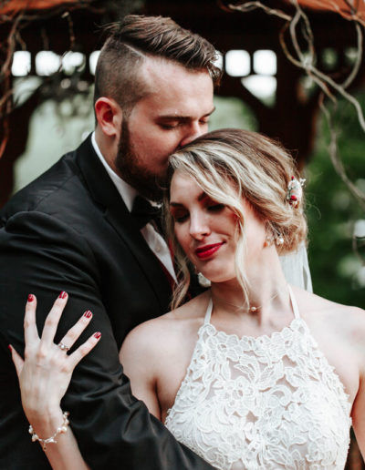 Jessica wearing handcrafted champagne pearl wedding jewelry by Carrie Whelan Designs