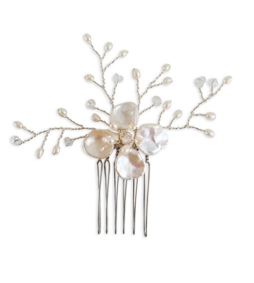 Pearl flower bridal hair comb handcrafted by Carrie Whelan Designs