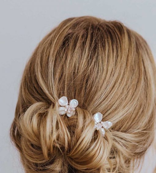 Pearl and Swarovski crystal flower hair pin handcrafted by Carrie Whelan Designs