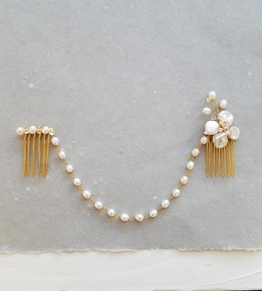 Hair chain with freshwater pearls in gold handmade bridal accessories by Carrie Whelan Designs