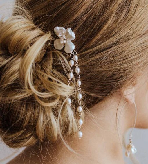 Floral hair pin for wedding handcrafted by Carrie Whelan Designs