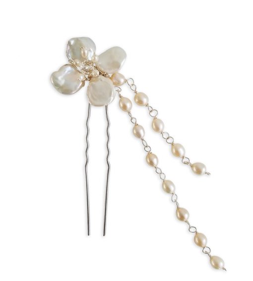 Floral hairpin with pearl chain handcrafted by Carrie Whelan Designs