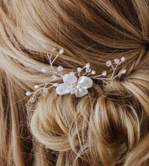 Pearl and crystal hair comb for weddings handcrafted by Carrie Whelan Designs