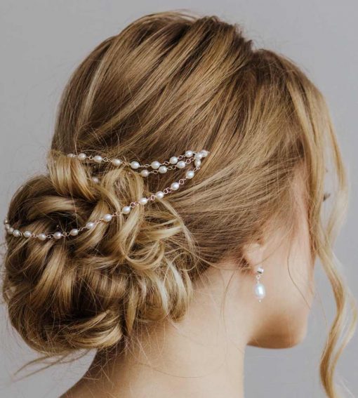 Pearl hair chain for weddings handcrafted by Carrie Whelan Designs