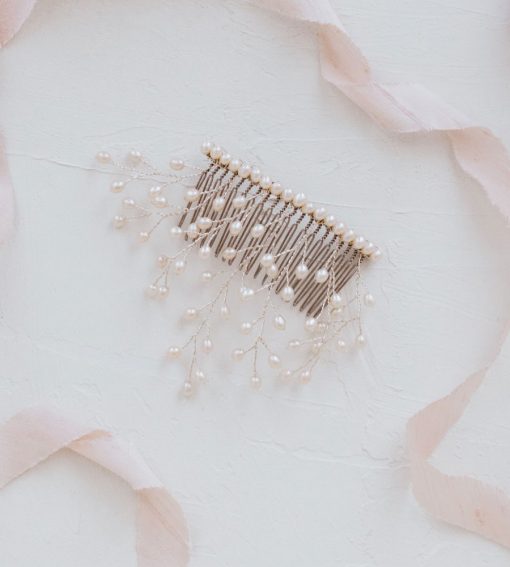 Silver pearl wedding hair comb handcrafted by Carrie Whelan Designs