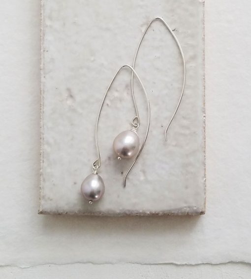 long gray pearl dangle earrings in sterling silver handmade by Carrie Whelan Designs