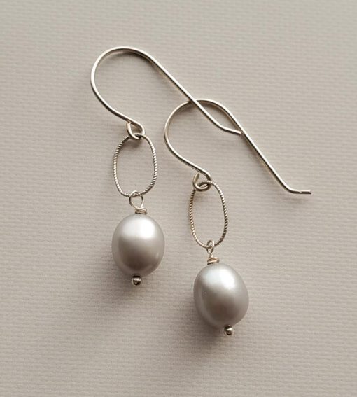 Gray oval pearl drop earrings handmade in silver by Carrie Whelan Designs