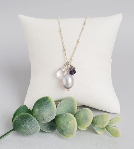 Gray pearl and gemstone cluster pendant handmade by Carrie Whelan Designs