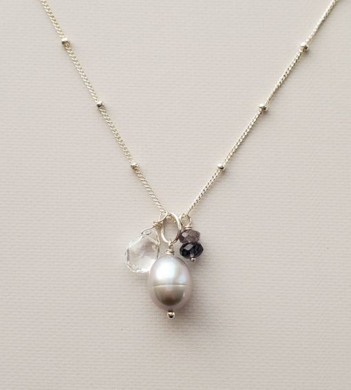 Gray pearl and iolite cluster pendant necklace handmade by Carrie Whelan Designs