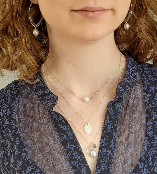 Layered silver and gemstone necklaces with hoop earrings handmade by Carrie Whelan Designs