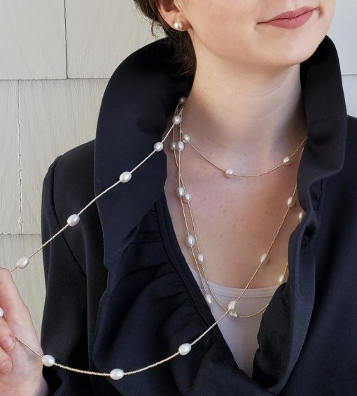Long pearl beaded strand necklaces handcrafted by Carrie Whelan Designs