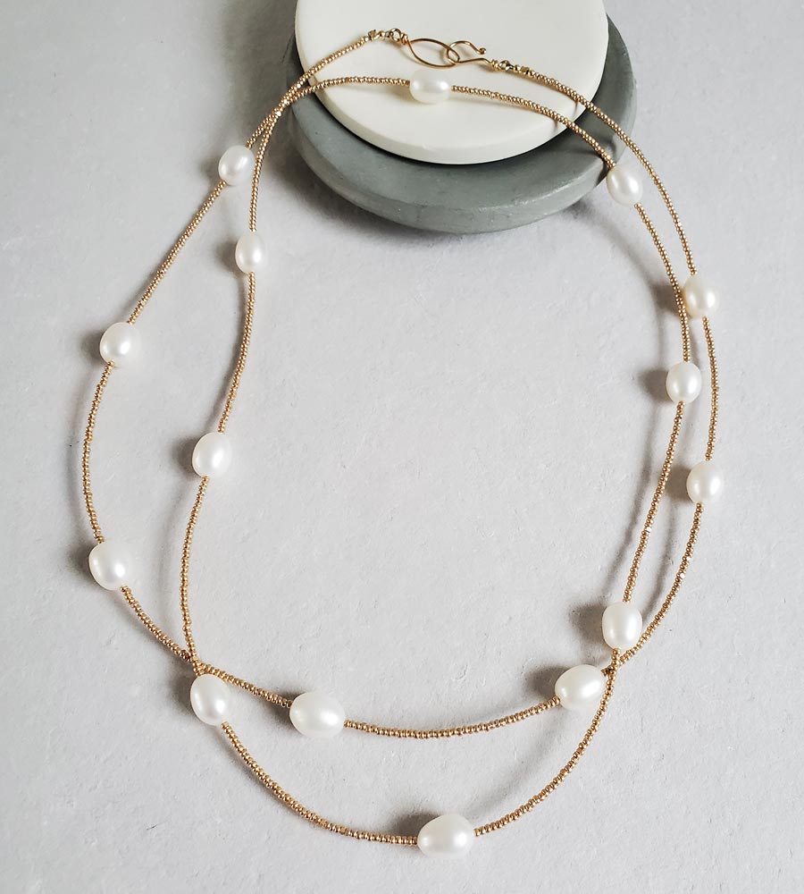 AURELIA long freshwater pearl seed bead necklace - Carrie Whelan Designs