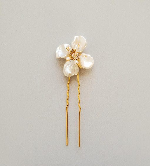 handmade freshwater pearl flower hair pin in gold for wedding by Carrie Whelan Designs