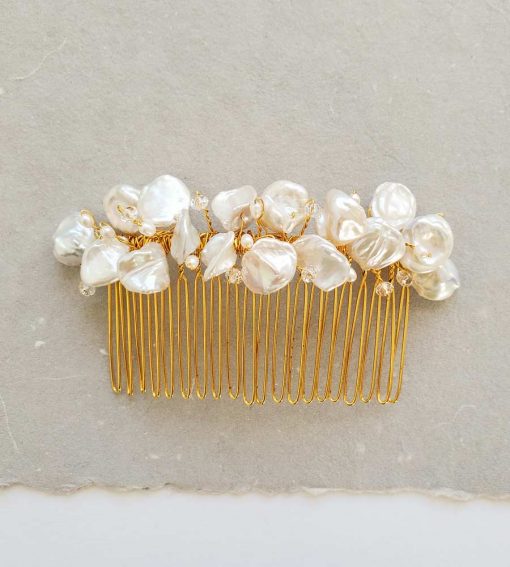 Handmade keshi pearl hair comb in gold for bride by Carrie Whelan Designs