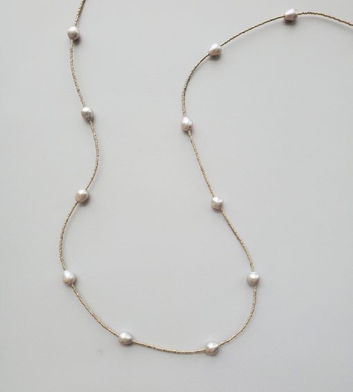 Long gray pearl and silver bead necklace handmade by Carrie Whelan Designs
