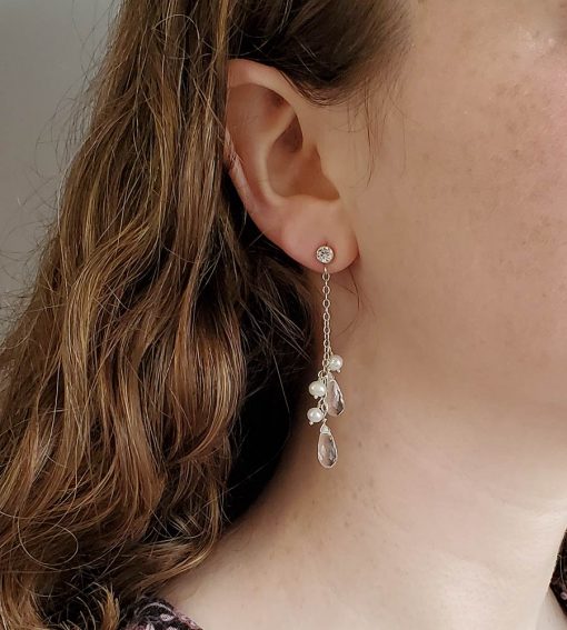 Freshwater pearl & CZ dangle bridal earrings by Carrie Whelan Designs