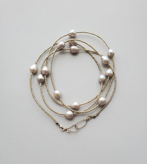 Long gray pearl necklace handmade by Carrie Whelan Designs