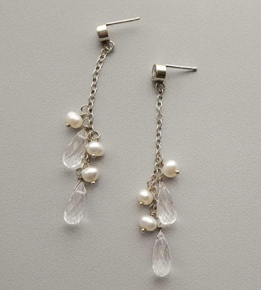 Handcrafted freshwater pearl and rock quartz dangle earrings for bride by Carrie Whelan Designs