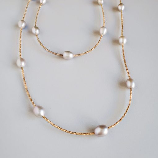 Long gray pearl gold bead necklace by Carrie Whelan Designs