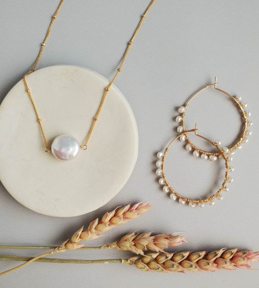14kt gold fill coin pearl choker necklace and pearl hoop earrings by Carrie Whelan Designs