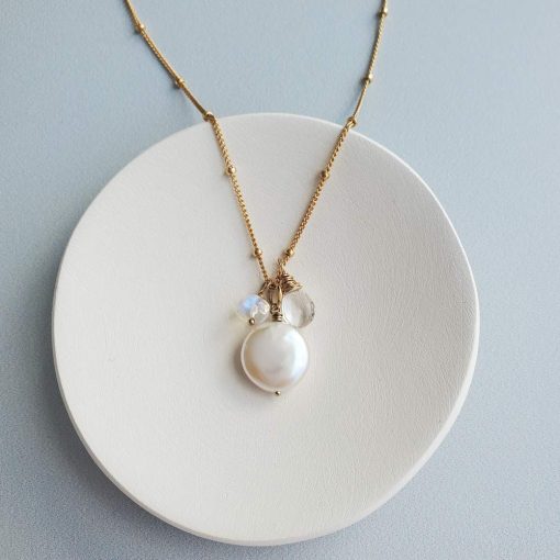 Coin pearl and moonstone cluster pendant necklace in 14kt gold fill handmade by Carrie Whelan Designs