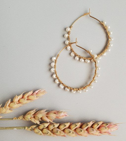 Gold filled Freshwater pearl hoop earrings handcrafted by Carrie Whelan Designs