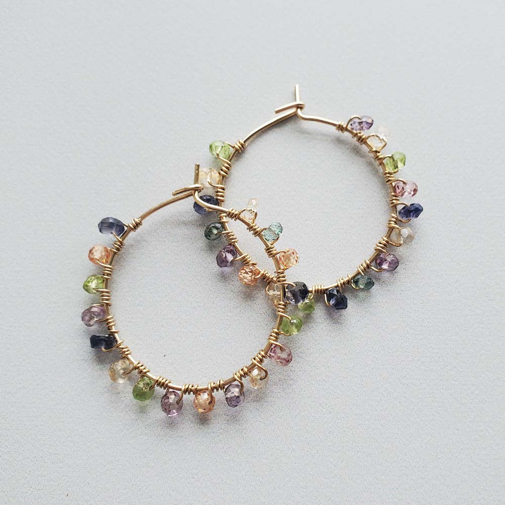 Mixed gem gold hoop earrings by Carrie Whelan Designs