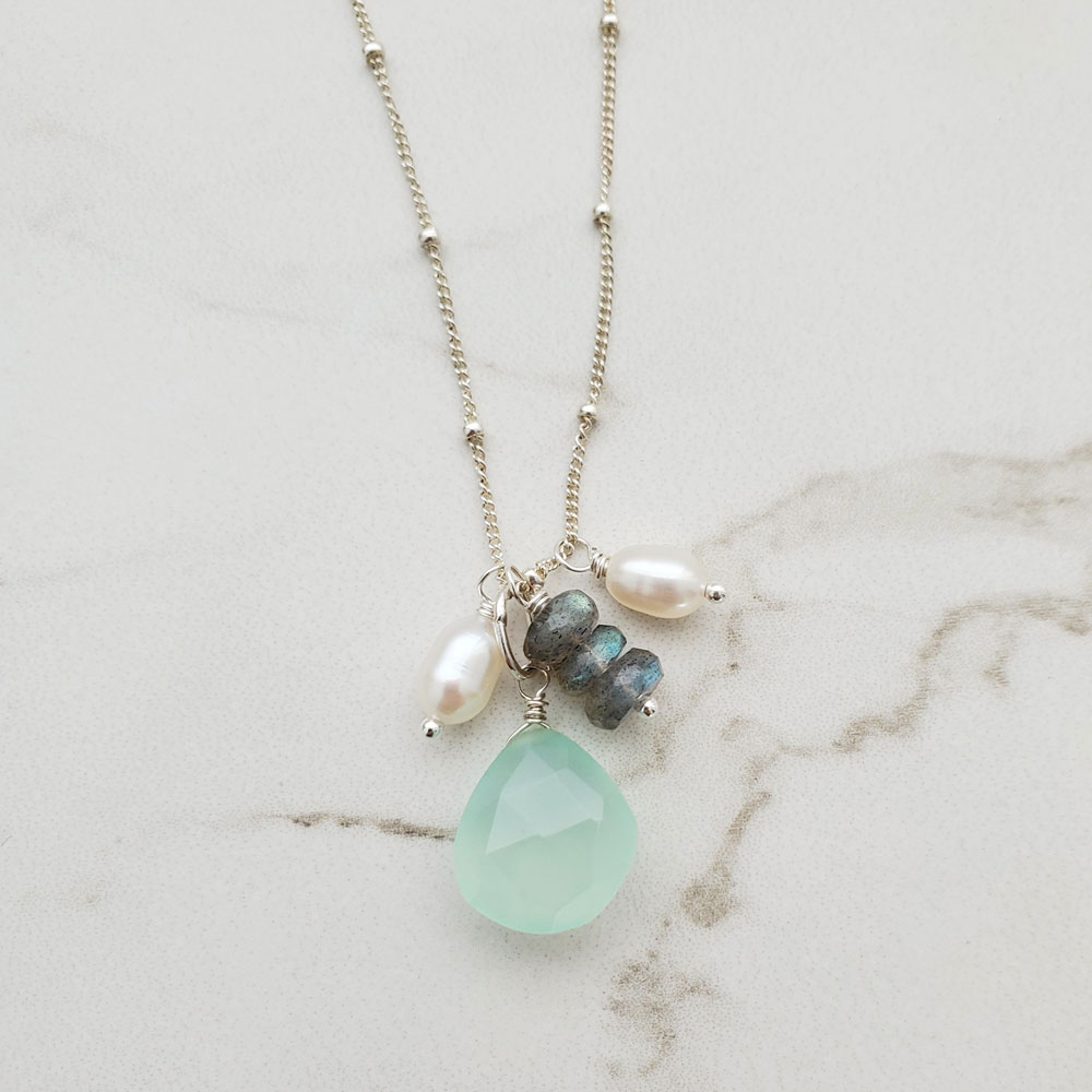 Custom Designed aqua chalcedony, labradorite and pearl cluster necklace by Carrie Whelan
