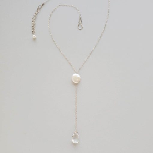 coin pearl and gem drop Y necklace handcrafted in sterling silver by Carrie Whelan Designs