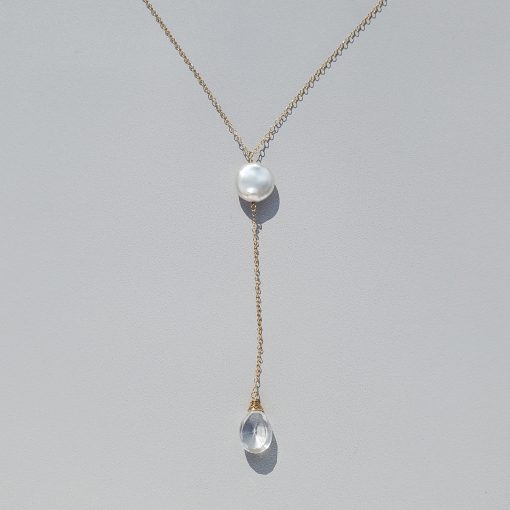 Coin pearl lariat necklace in gold fill handmade by Carrie Whelan Designs