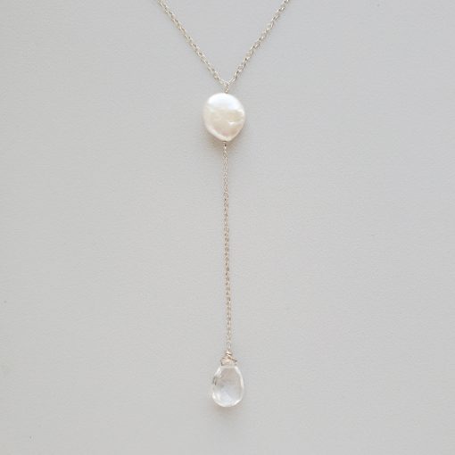coin pearl and quartz Y necklace handcrafted in sterling silver by Carrie Whelan Designs
