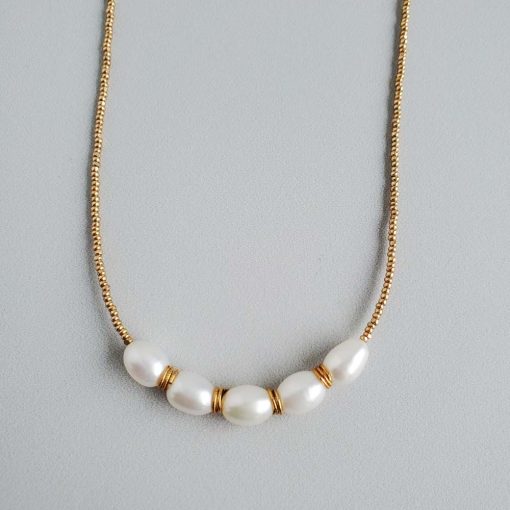 Freshwater pearl and gold bead necklace handcrafted by Carrie Whelan Designs