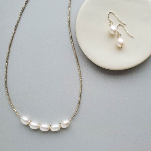 Pearl necklace and earrings in silver by Carrie Whelan Designs