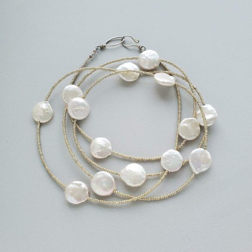 Long Coin Pearl Beaded Necklace in silver handmade by Carrie Whelan Designs