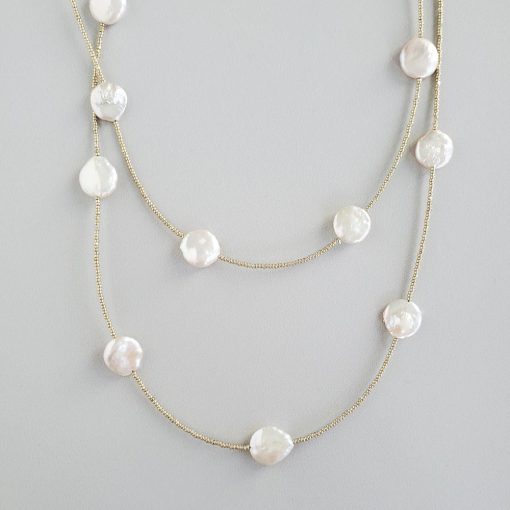 Long Coin Pearl Necklace in silver handmade by Carrie Whelan Designs