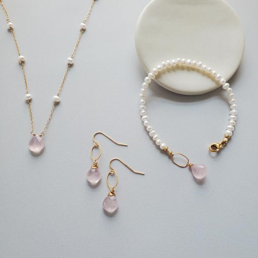 Freshwater pearl and rose quartz jewelry handmade by Carrie Whelan Designs