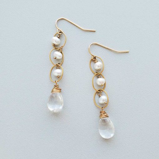 triple pearl and quartz earrings in gold by Carrie Whelan Designs