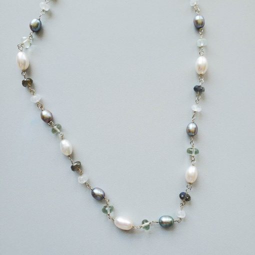 Long moonstone, pearl and labradorite necklace wrapped in sterling silver