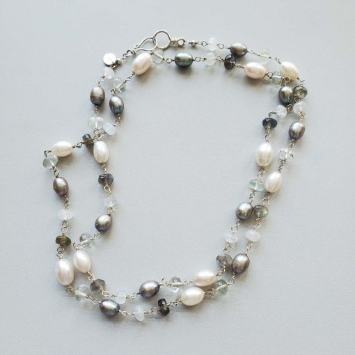 Long pearl mixed gemstone necklace in sterling by Carrie Whelan Designs