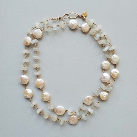 long pink coin pearl and moonstone necklace