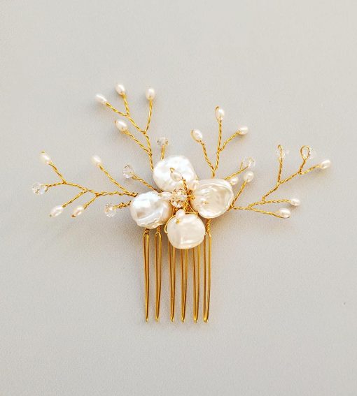 Gold freshwater pearl flower bridal hair comb