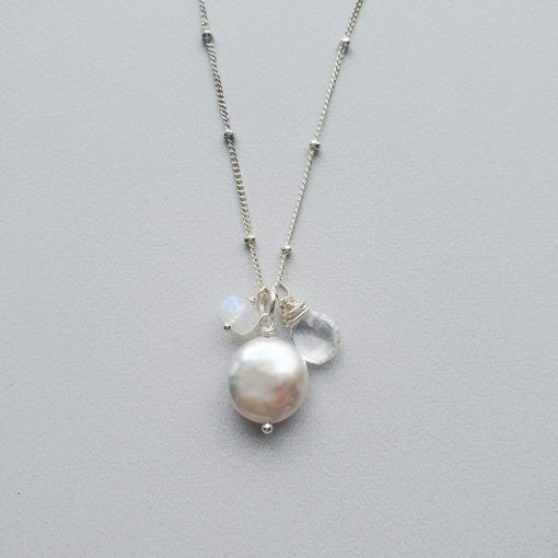 Coin pearl and moonstone cluster pendant necklace in sterling silver handmade by Carrie Whelan Designs