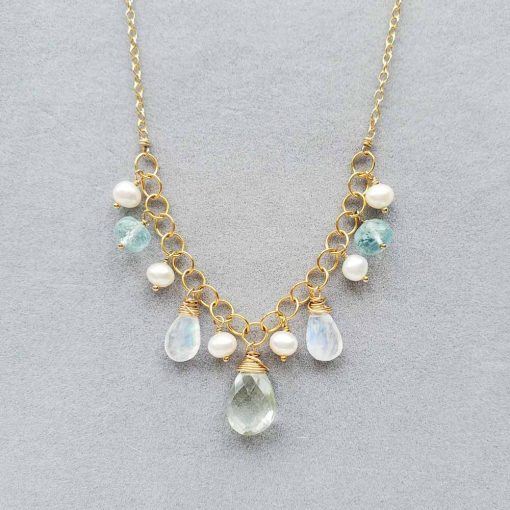 Mixed gem necklace in gold handmade by Carrie Whelan Designs