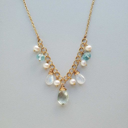 Mixed gemstone necklace in 14k gold by Carrie Whelan